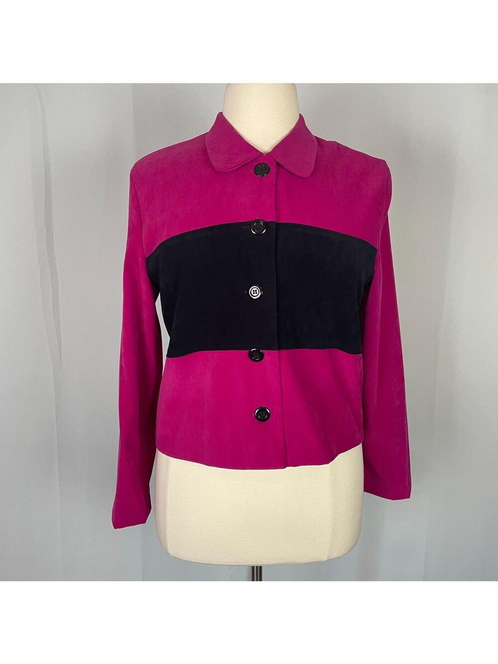 Vintage Blazer Jacket Womens Size 14 Hot Pink Black Stripe Cropped Suede 90s Y2K